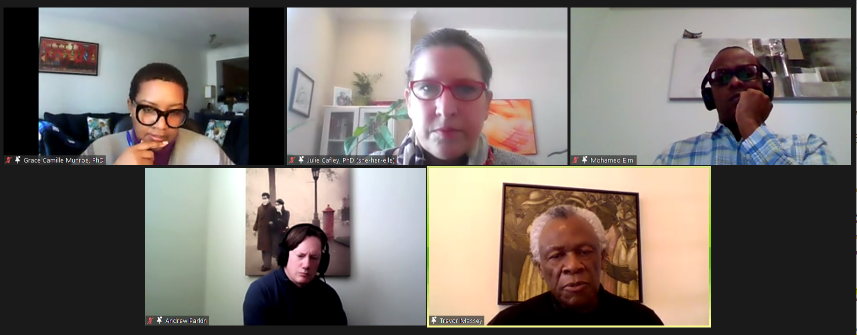 A screenshot taken during the panel discussion, featuring Dr. Grace-Camille Munroe, Dr. Julie Cafley, Dr. Mohamed Elmi, Dr. Andrew Parkin, and Trevor Massey, with Massey speaking